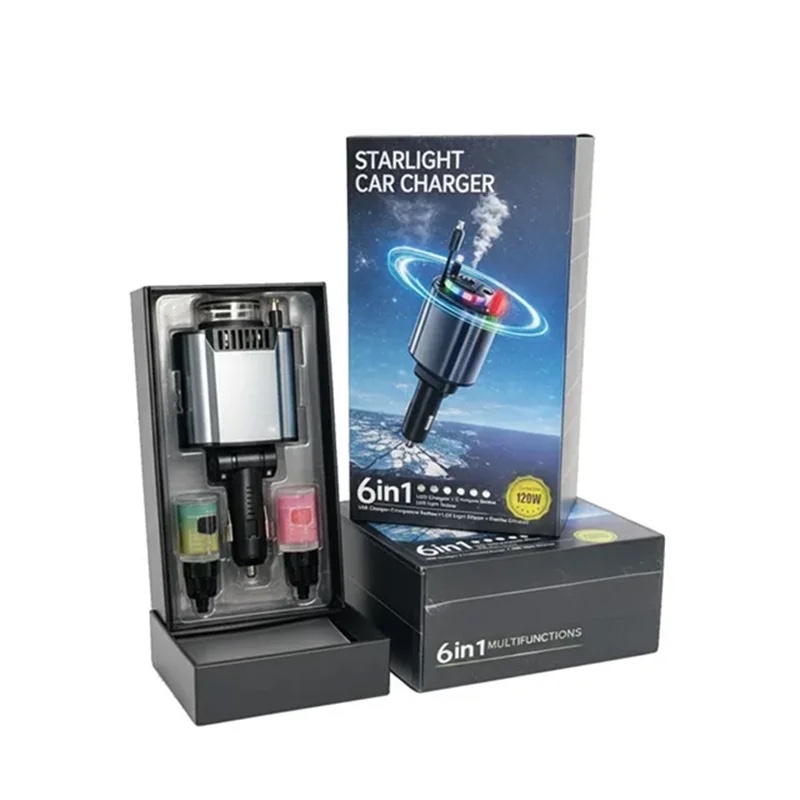 شارژر فندکی ۶ کاره Aroma Starlight مدل C4 با خوش‌بوکننده و نور کهکشانی 120W